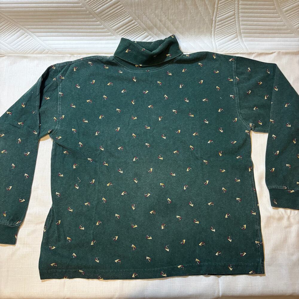 IZOD Womens L Christmas Turtleneck Green French Horn Print 100% Cotton Holiday